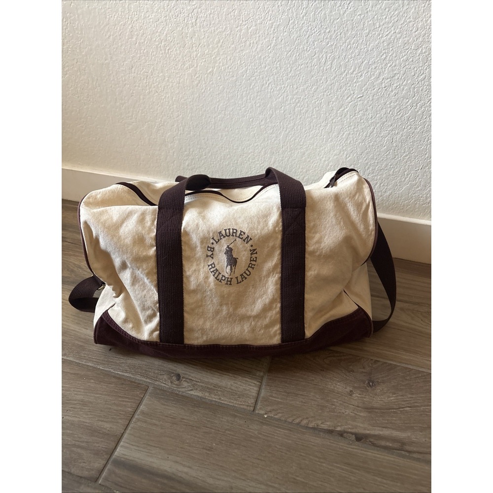RALPH LAUREN Canvas Tote Bag Pony Brown Trim Bottom Short/long Handles VINTAGE